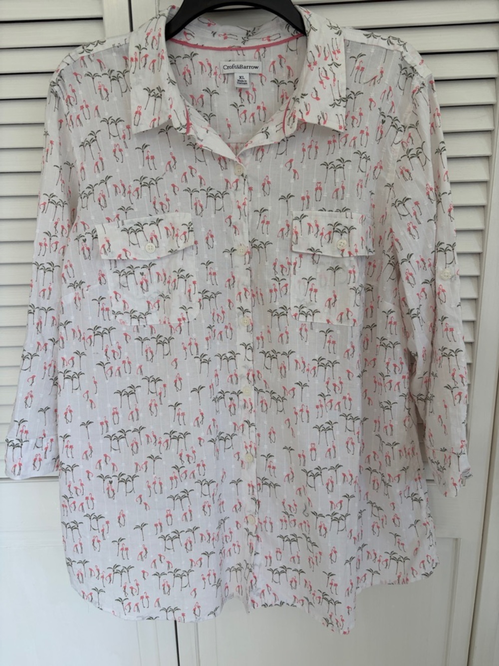 Croft & Barrow XL Women's White Pink Flamingo Palm Tree Embroidered Botton Down